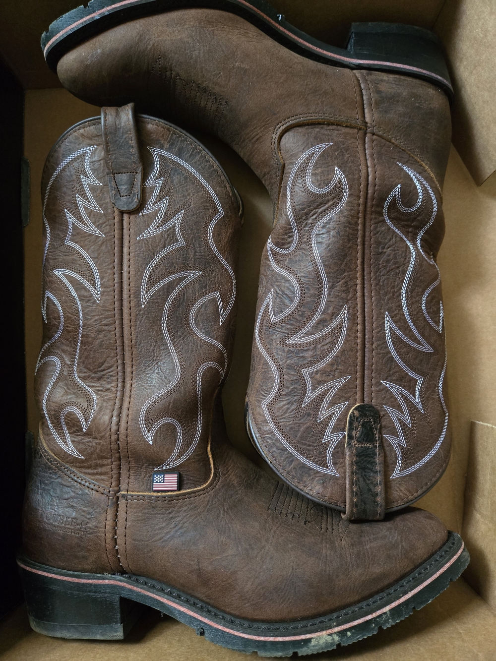 Double H Brown Western Cowboy Boots with White Stitching